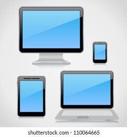 Collection of 3d high-detailed computer devices on light background with reflections. Image contains transparency, 10 EPS