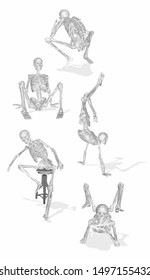 Collection 3D human body skeleton with style, skull, halloween, realistic style with a perspective view and white background. -vector