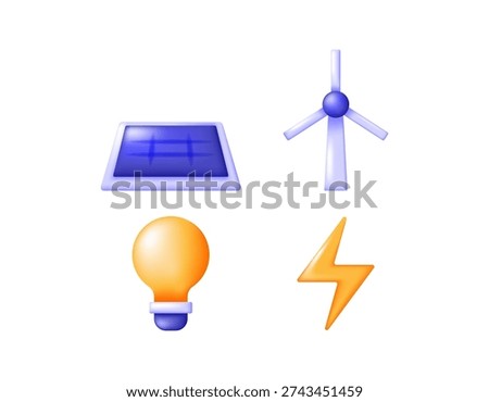A collection of 3D icons or illustrations about energy sources and power. Illustrations of lamps, solar panels, wind turbines, and electrical symbols. Renewable energy. Elements, signs, concepts. 3D vectors. White background.