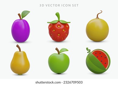 Collection of 3D icons with shadows. Vector colored fruits and berries. Plum, strawberry, melon, pear, apple, cut watermelon. Ripe, tasty and aromatic natural products