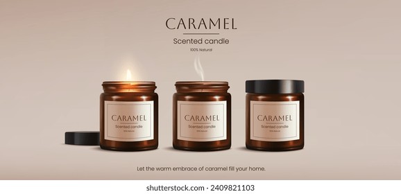 Collection of 3d illustration of a realistic candles in brown glass with a glowing flame and smoke. Scented candle mockup. Perfect for creating a bright, romantic, and festive atmosphere. Not AI.