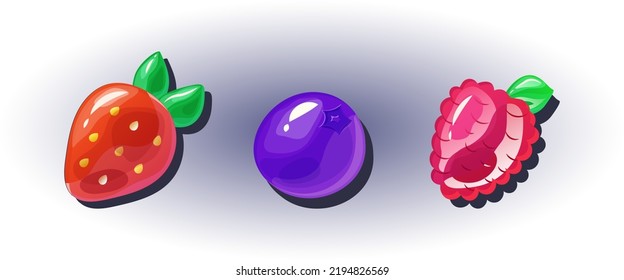 Collection of 3D illustrations of berries for game prizes. Realistic strawberry, blueberry and raspberry on a dark background. Vector illustration