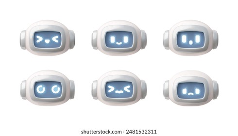 A collection of 3D illustrations of robot heads, each depicting a different feeling, perfect for chatbot emojis. Cartoon chatbot with happy and sad faces.