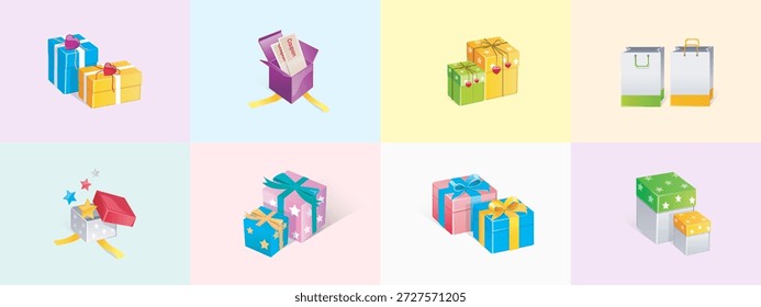 Colección de cajas de regalo isométricas en 3D o paquetes sorpresa con cintas, lazos, bolsas de compras de papel de envoltura de estrellas y Cupones de descuento en paneles de fondo pastel multicolor