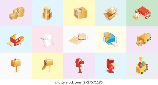 Colección de íconos de entrega de correo isométricos 3D con cajas de cartón sobres edificio de oficinas de correos buzones rojos Envío global y camiones de entrega en paneles pastel