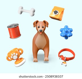 Collection of 3D items for dog care. Cute pet character and his accessories