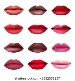 Sammlung von 3D-Lippen einzeln auf weißem Hintergrund. Realistische Lippensammlung einzeln auf weißem Hintergrund