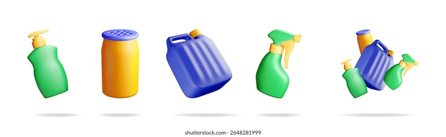 Collection of 3d liquid dish soap bottle, powder cleaner, chemical detergent canister, and spray bottle. Concept of household cleaning supplies.