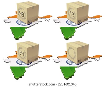 Collection of the 3D map of India in the colors of the Indian flag on which a cardboard package is placed with a delivery time written on it (cut out)