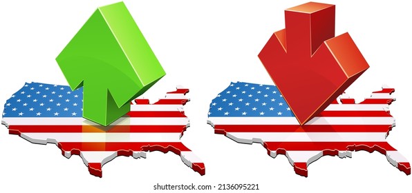 Collection of 3D map of the United States with on it a green arrow up or a red arrow down (cut out)
