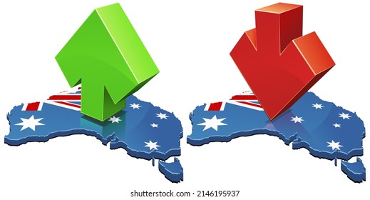 Collection of 3D maps of Australia in the colors of the Australian flag with an arrow going up or down (cut out)