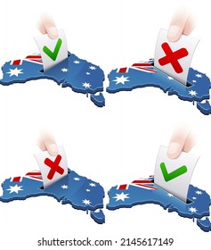 Collection Of 3D Maps Of Australia On Which The Australian Flag Is Displayed In Which A Ballot Paper With The Symbol For Or Against Is Dropped By A Hand Like An Electoral Ballot Box (cut Out)