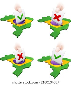 Collection of 3D maps of Brazil in the colors of the Brazilian flag where a hand casts a ballot for or against (cut out)