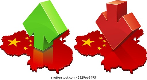 Collection of 3D Maps of China in the colors of the Chinese flag on which is placed an ascending green arrow or a descending red arrow isolated on a white background