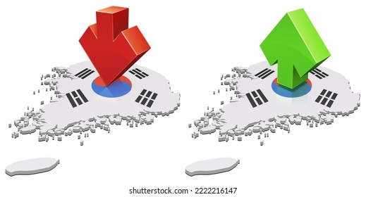 Collection of 3D maps of South Korea in the colors of the South Korean flag with an ascending green arrow and a descending red arrow (cut out)