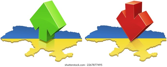 Collection of 3D maps of Ukraine in the colors of the Ukrainian flag surmounted by a green upward arrow or a red downward arrow (cut out)