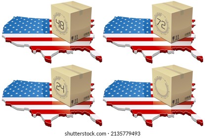 Collection of 3D Maps of the United States with the American flag on which is placed a cardboard package with different delivery times (24H, 48H, 72H and unspecified)