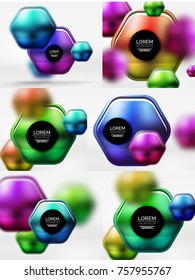 Collection of 3d metal geometric objects, vector techno banners. Digital wallpapers or business technology presentation backgrounds