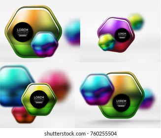 Collection of 3d metal geometric objects, vector techno banners. Digital wallpapers or business technology presentation backgrounds