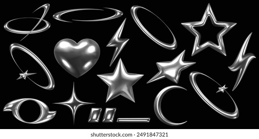 A collection of 3D metallic shapes on a black background, including stars, hearts, lightning bolts, swooshes, circles, and a crescent moon.