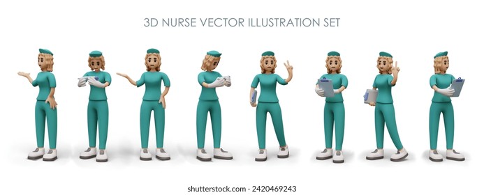 Collection of 3D nurses with accessories in various poses. Woman is holding clipboard, thermometer