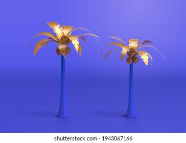 Collection of 3d oasis palm trees designed with gold foliage. Natural elements suitable for desert tourism and summer beach vacation.