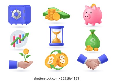 Collection of 3D objects investments and finances. Set of business and finance icons isolated on white - safe, piggy bank, handshake, currency exchange, stack of money, etc. Vector illustration