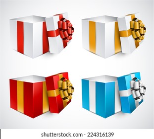 Collection of 3d opened gift boxes with satin bows. Realistic vector illustration. 