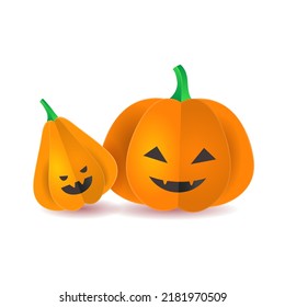 Collection of 3D Paper Pumpkins with Halloween Faces. for banner, poster, greeting card, party invitation. Isolated illustration.