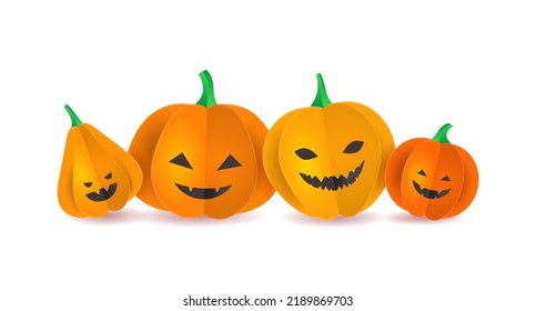 Collection of 3D Paper Pumpkins with Halloween Faces. for banner, poster, greeting card, party invitation. Isolated illustration.