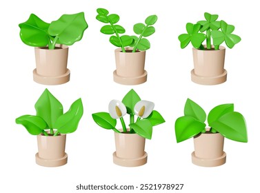 Collection of 3D potted plants featuring different green leaves and flowers in beige pots, ideal for decor concepts.