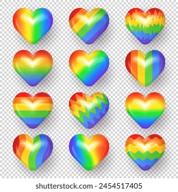 Collection of 3d puffy vibrant striped rainbow heart badge or icon on transparent background. Three dimensional glossy heart with LGBT rainbow flag symbolizing love, acceptance, diversity. Pride month