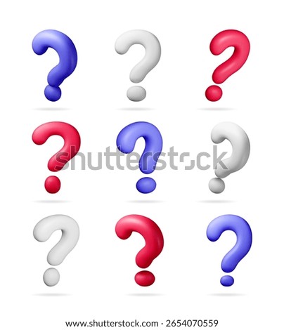 Collection of 3d question mark symbols in red, white and blue colors. FAQ, help, and problem solving concept.