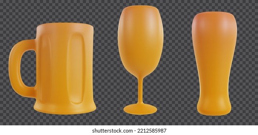 Collection 3d realistic beer glasses various form isolated on transparent background. Set design elements in modern cartoon style. Vector illustration.