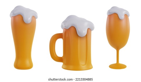 Collection 3d realistic beer glasses various form isolated on white background. Set design elements in modern cartoon style. Vector illustration.