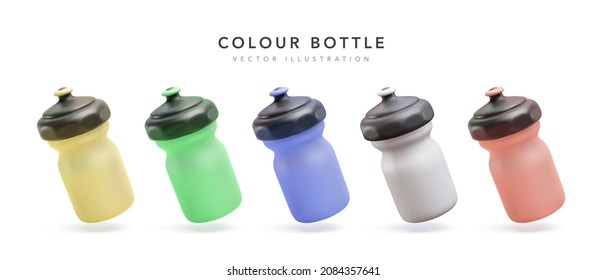 Collection of 3d realistic colour plastic flying bottle isolated on white background. Vector illustration 