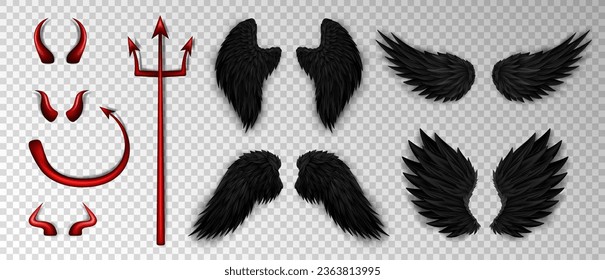 Collection of 3d realistic devil costume elements - red bloody trident, glossy horns, daemon tail and various devil black wings on transparent background