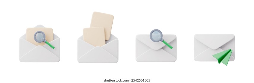 Collection of 3d realistic envelope. Vector illustration of sending a letter or getting email. White envelope with magnifying glass and paper plane on a white background