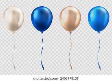 Collection of 3d realistic glossy dark and light blue, beige balloons isolated on transparent background. Colorful three dimensional shiny helium balloons for party, birthday, anniversary, wedding