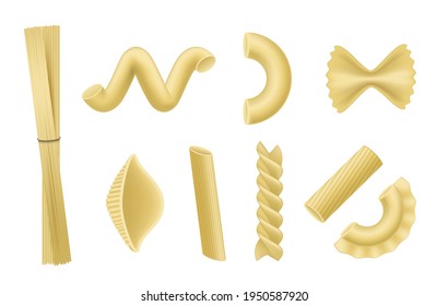 Collection of 3d realistic pasta vector illustration. Set of penne, fusilli, farfalle, spaghetti, cavatappi, conchiglie shells isolated on white. Raw traditional Italian wheat food culinary product