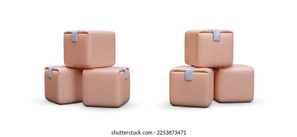 Collection of 3d realistic piles of boxes with shadow on white background. Vector illustration