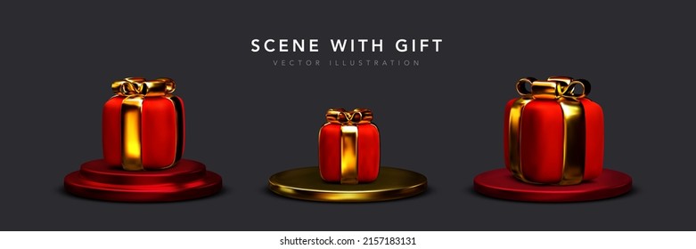 Colección de un regalo rojo realista 3d en el podio aislado en el fondo oscuro. Ilustración del vector
