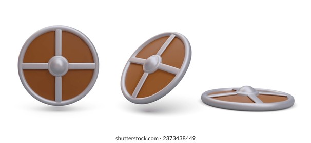 Collection of 3d realistic round shield in different positions. Equipment for knights games and computer games. Armor concept. Vector illustration in brown colors