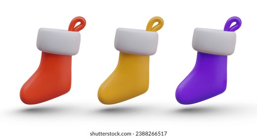 Collection with 3d realistic shoes in red, yellow and blue colors. Sock for gifts and presents on winter holidays. Vector illustration in 3d style with white background