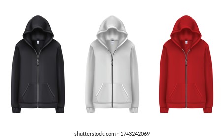 Collection of 3d realistic vector black, white and red sport hoodies. Vector illustration on white background.