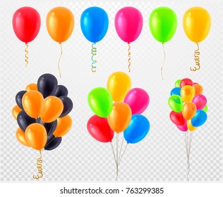 Collection of 3d realistic vector helium balloons (red, gold, yellow, purple, blue, green...) for birthday, party, celebration flying baloon design, isolated on transparent background, white.