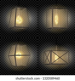 Collection of 3d realistic vector loft style lantern lamps isolated on transparent background.