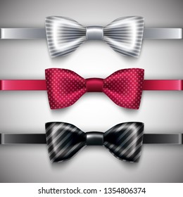 Collection of 3d realistic vintage vector bow ties in white, black and red with dots and stripes.