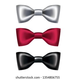 Collection of 3d realistic vintage vector bow ties in white, black and red.