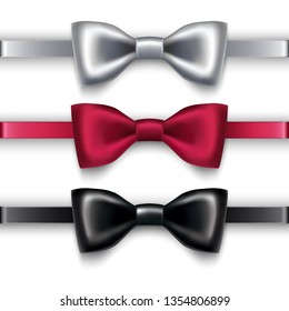 Collection of 3d realistic vintage vector bow ties in white, black and red.